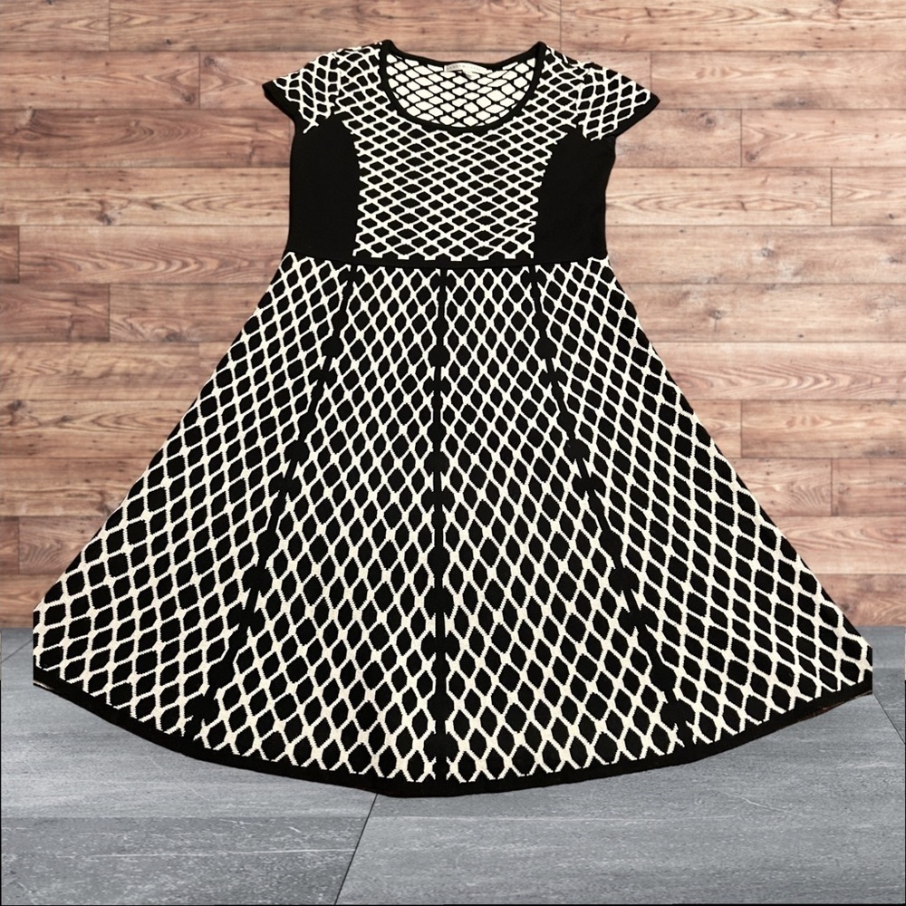 Sandra Darren Cap Sleeve Scoop Neck Black White Sweater Dress Size Large